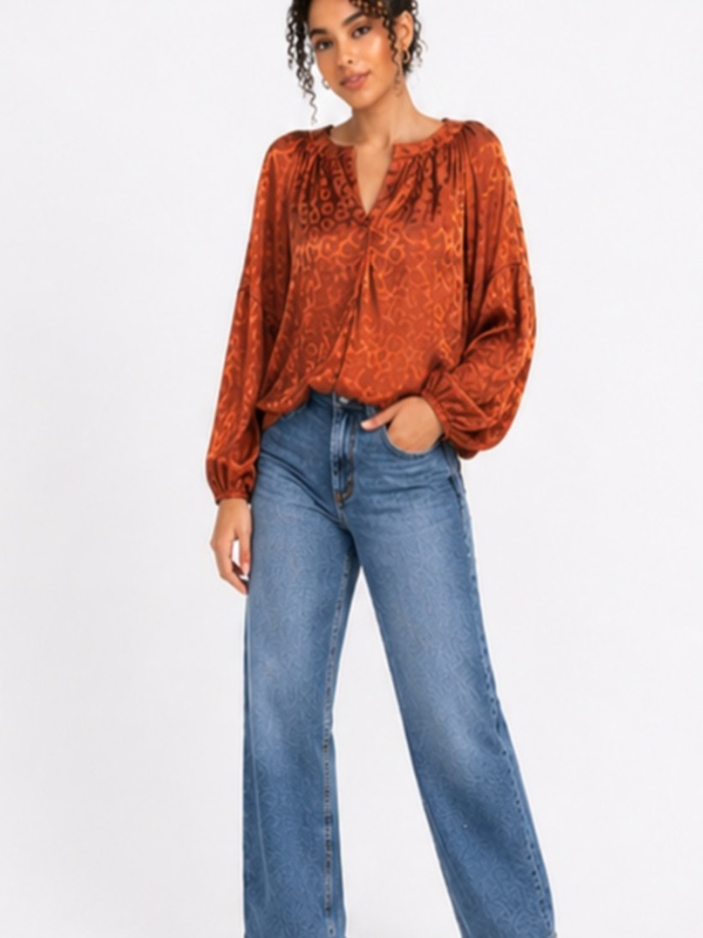 Satin Burnt Orange Long-Sleeve Peasant Blouse